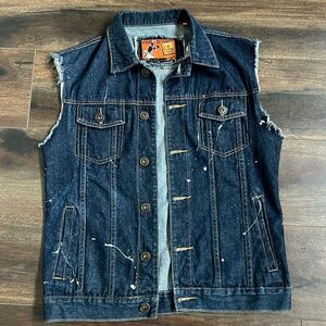 Rolling Paper NYC Size Large Men's Denim Paint Splatter Vest Raw Hem Sleeves